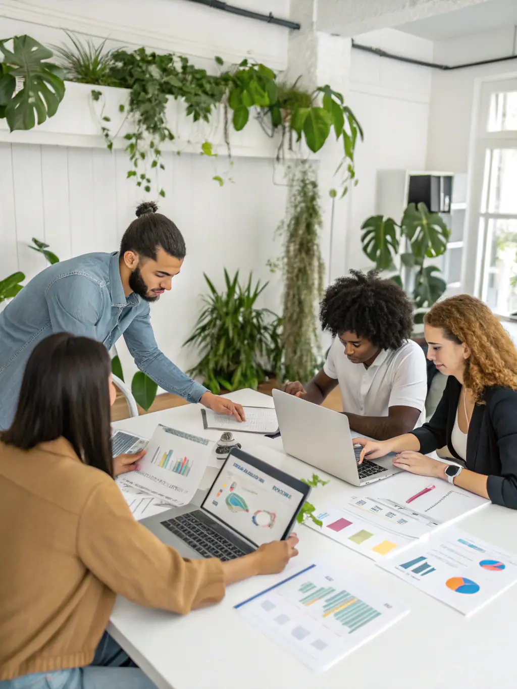 A professional team collaborating on a link building strategy, with data analytics displayed on a screen in the background, symbolizing data-driven SEO.
